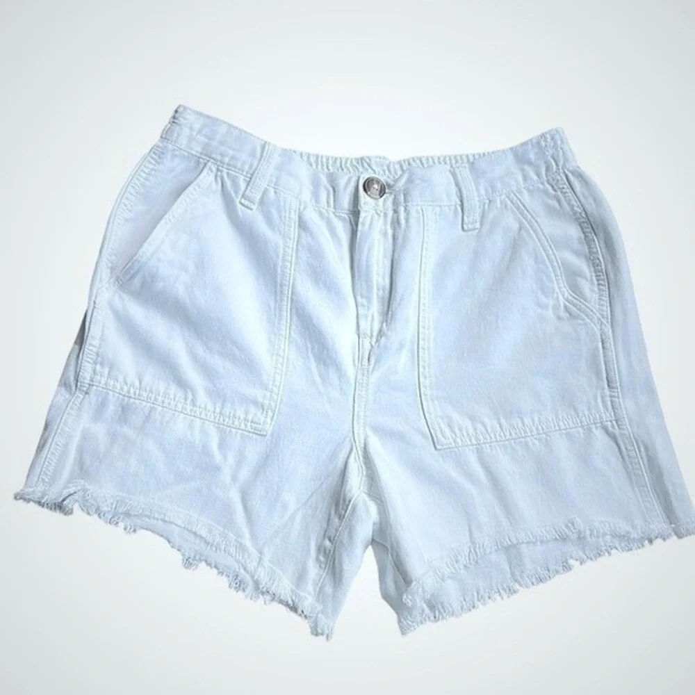 Aerie White Denim Shorts Frayed Hem Lyocell Linen Blend High‎ Waist Small